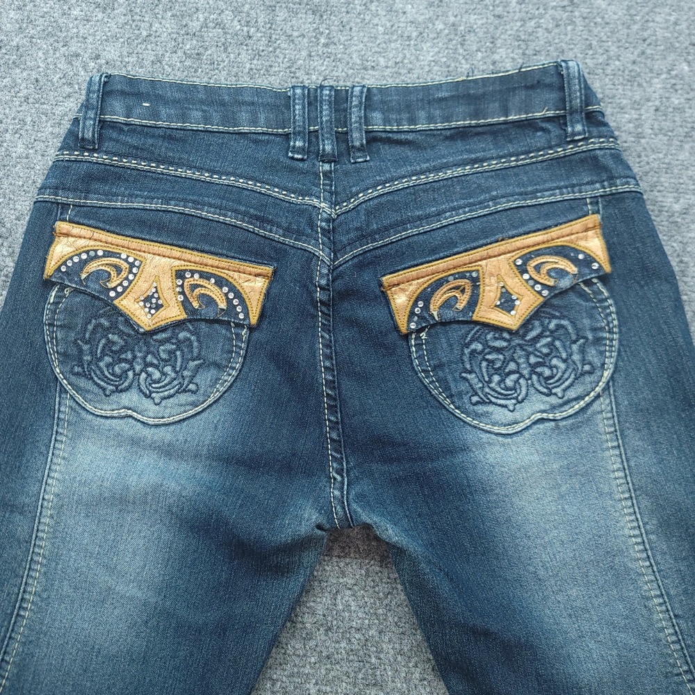 Vintage Apple Bottoms Jeans Womens 7/8 Dark Wash Rhinestone Gold Embroidered